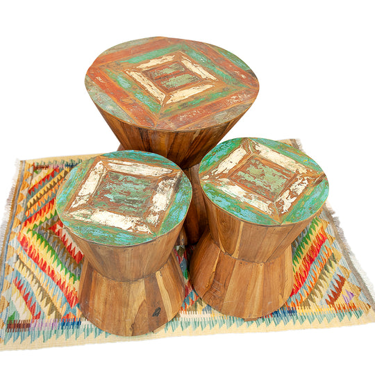 Three Piece Reclaimed Teak Wood Set with Stools