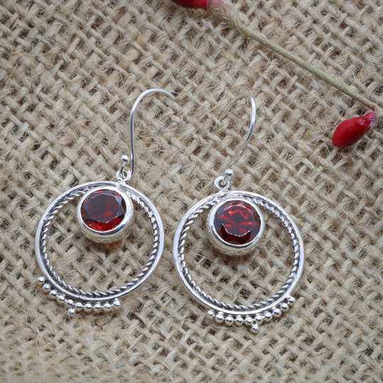 Garnet Dangle Hoop Earrings
