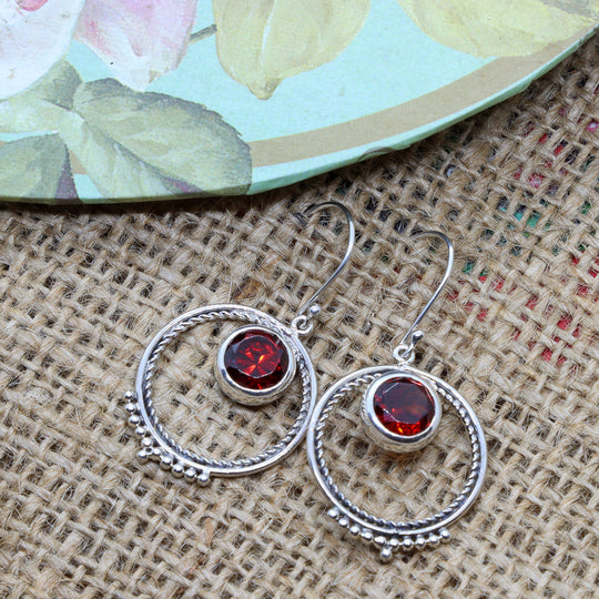 Garnet Dangle Hoop Earrings