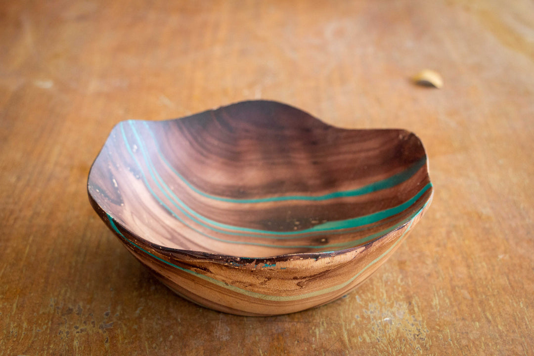 Mango Wood Flower Fruit Bowl - 12" (Turquoise)