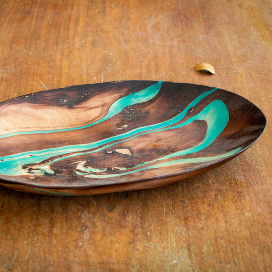 Mango Wood Large Oval Plate-18" (Turquoise)