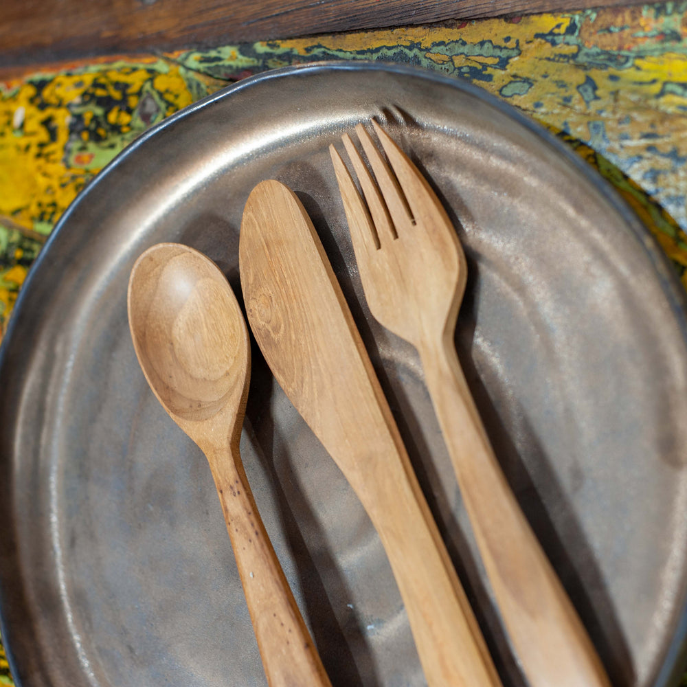 Teak Fork, Knife and Spoon Set