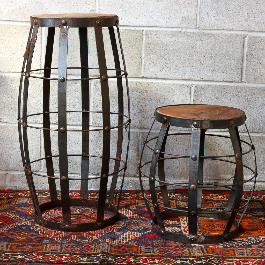 Teak & Iron Barrel Stool