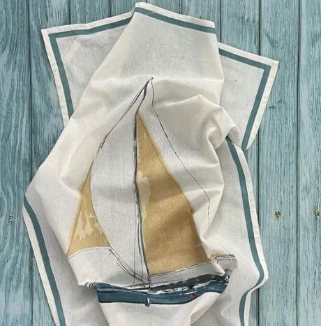 Voilier, serviette de cuisine en sac de farine, lot de 2