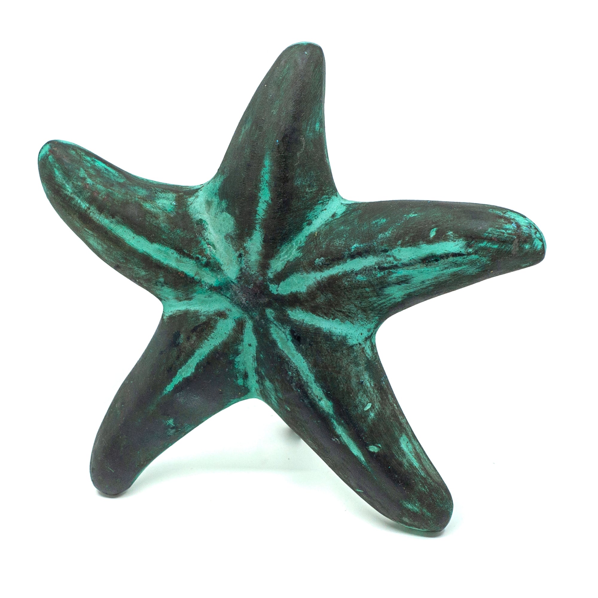Photo of small terracotta starfish in blue colour