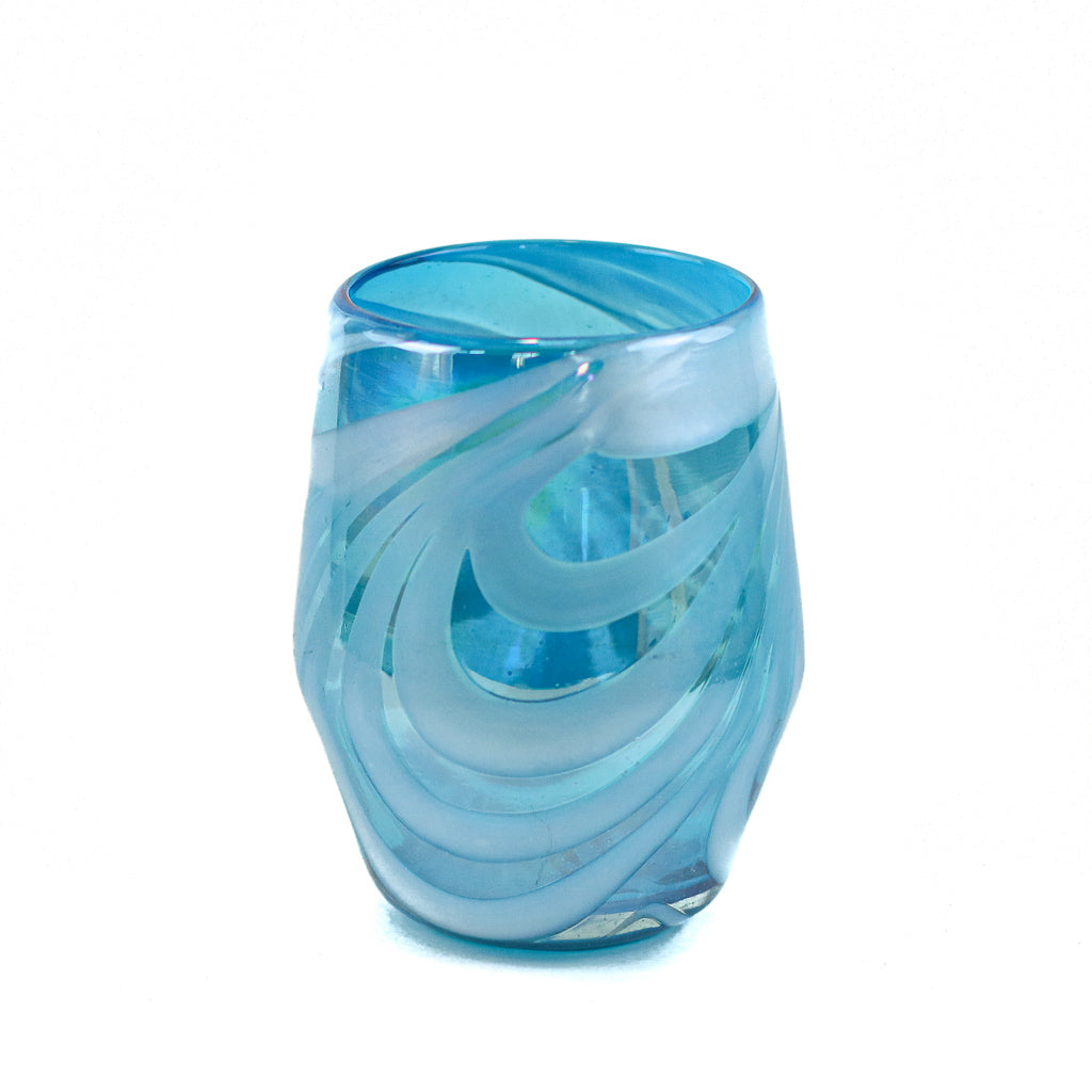 Mexican Stemless Wine Glass - Aqua & White Swirl Lustre - 4.5"