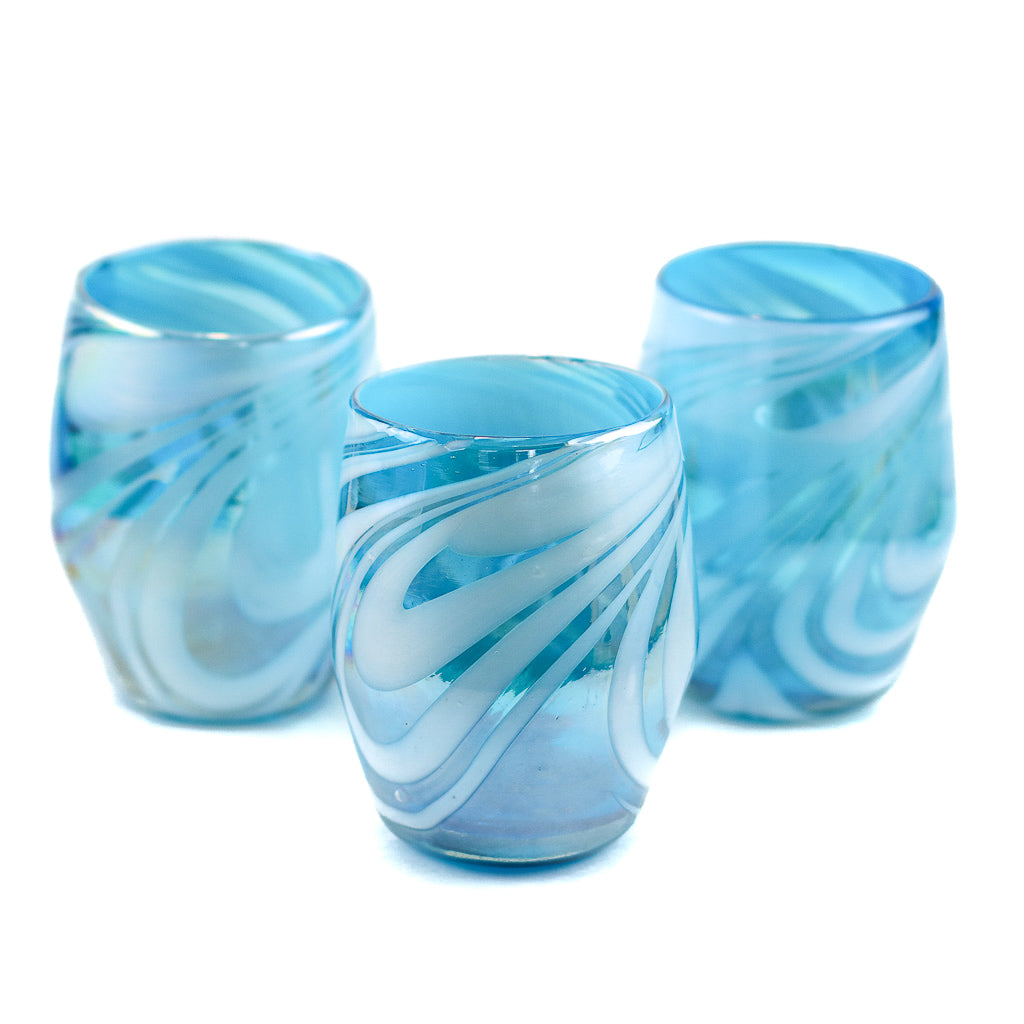 Mexican Stemless Wine Glass - Aqua & White Swirl Lustre - 4.5"