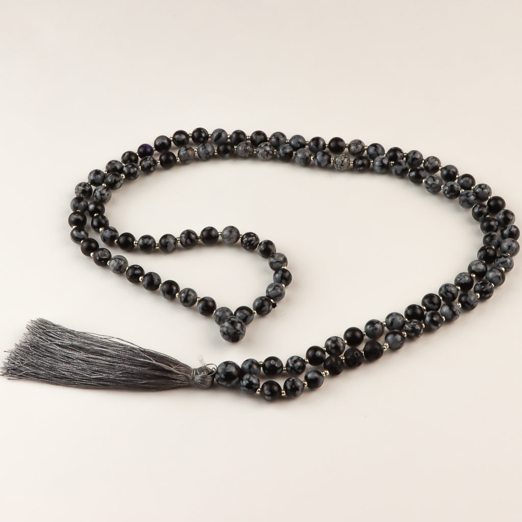 Perles de mala en obsidienne et pierre de lave flocon de neige - 6 mm