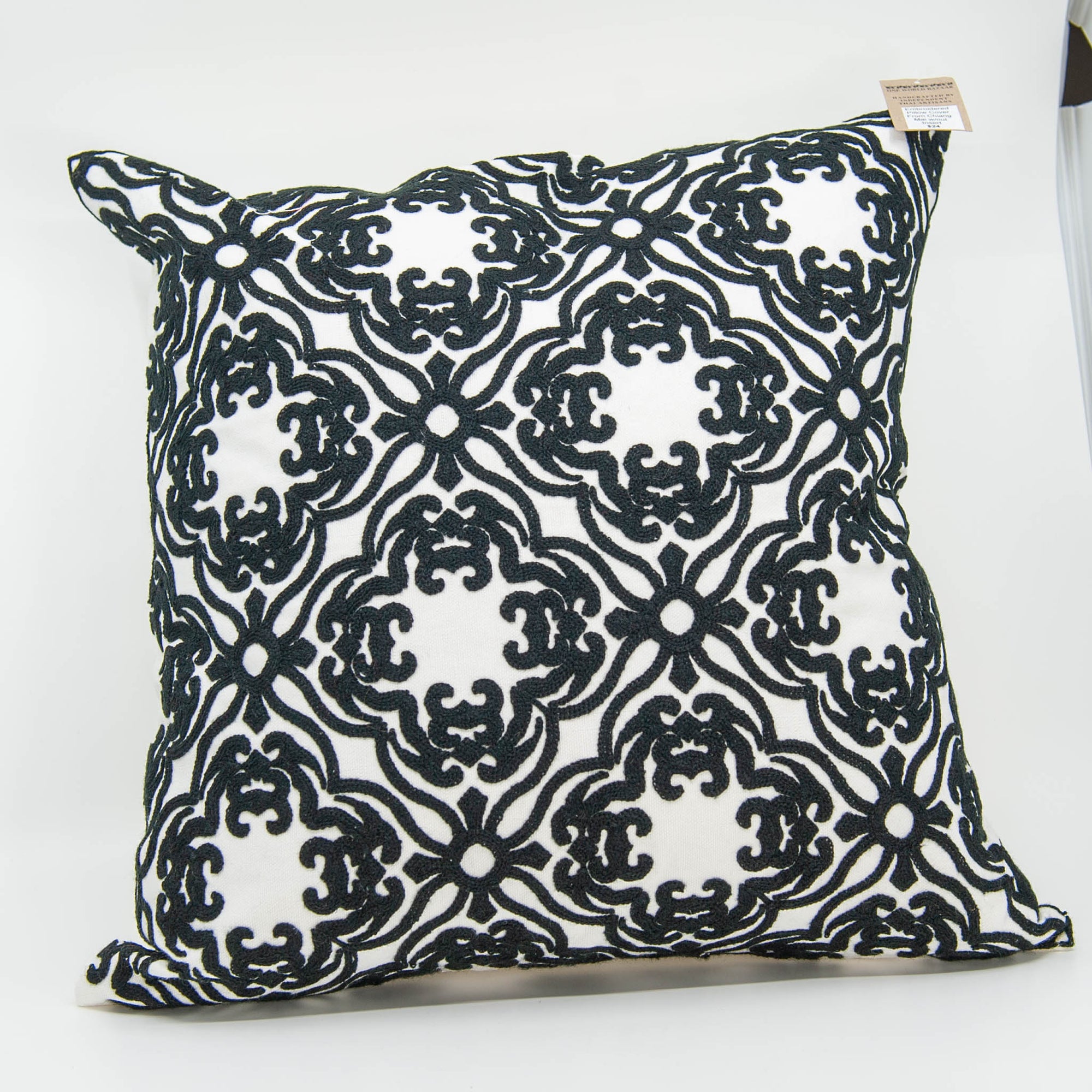 Embroidered Pillow Cover - Black Flower