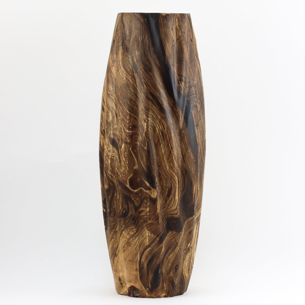 Vase Cylindrique Côtelé en Bois de Manguier - 15" (Vieux Bois)