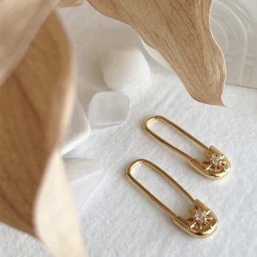Gold Star Studded Safety Pin Earring