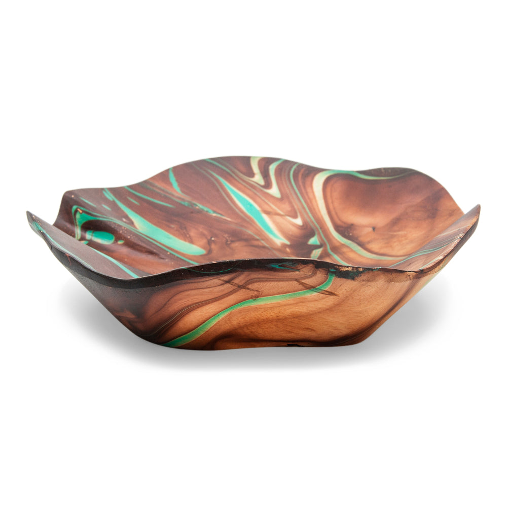 Mango Wood Flower Fruit Bowl - 12" (Turquoise)