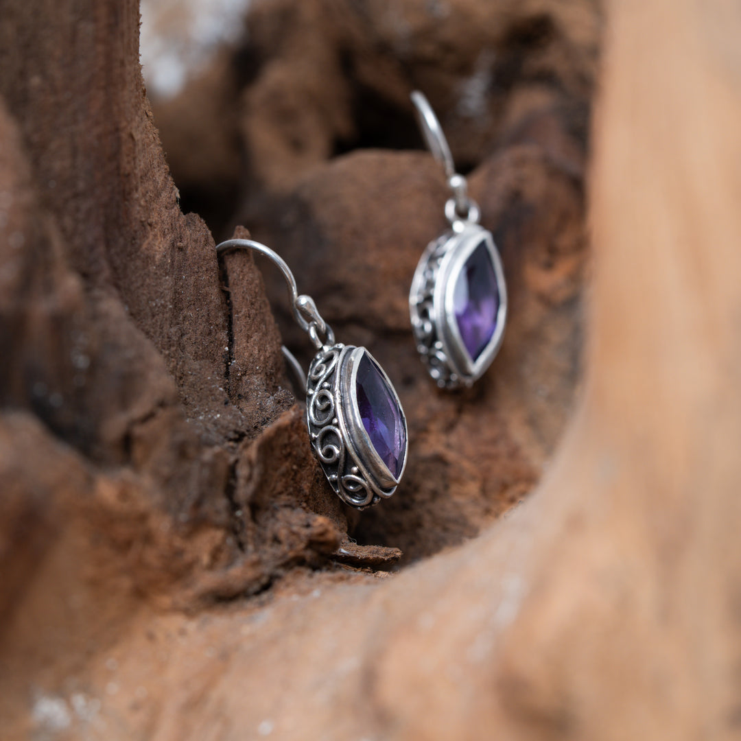 Ornate Almond Amethyst Dangle Earrings