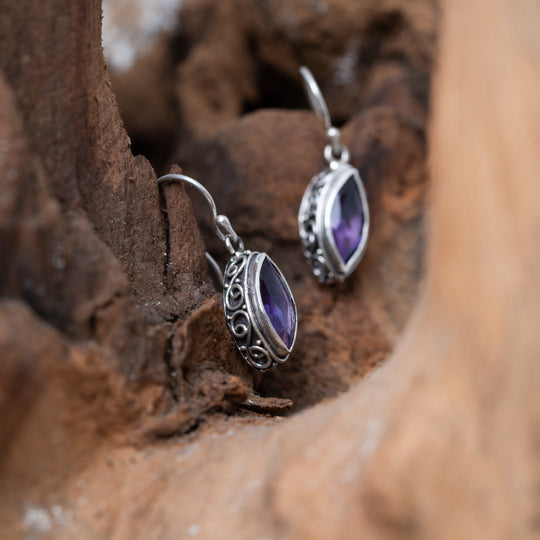 Ornate Almond Amethyst Dangle Earrings