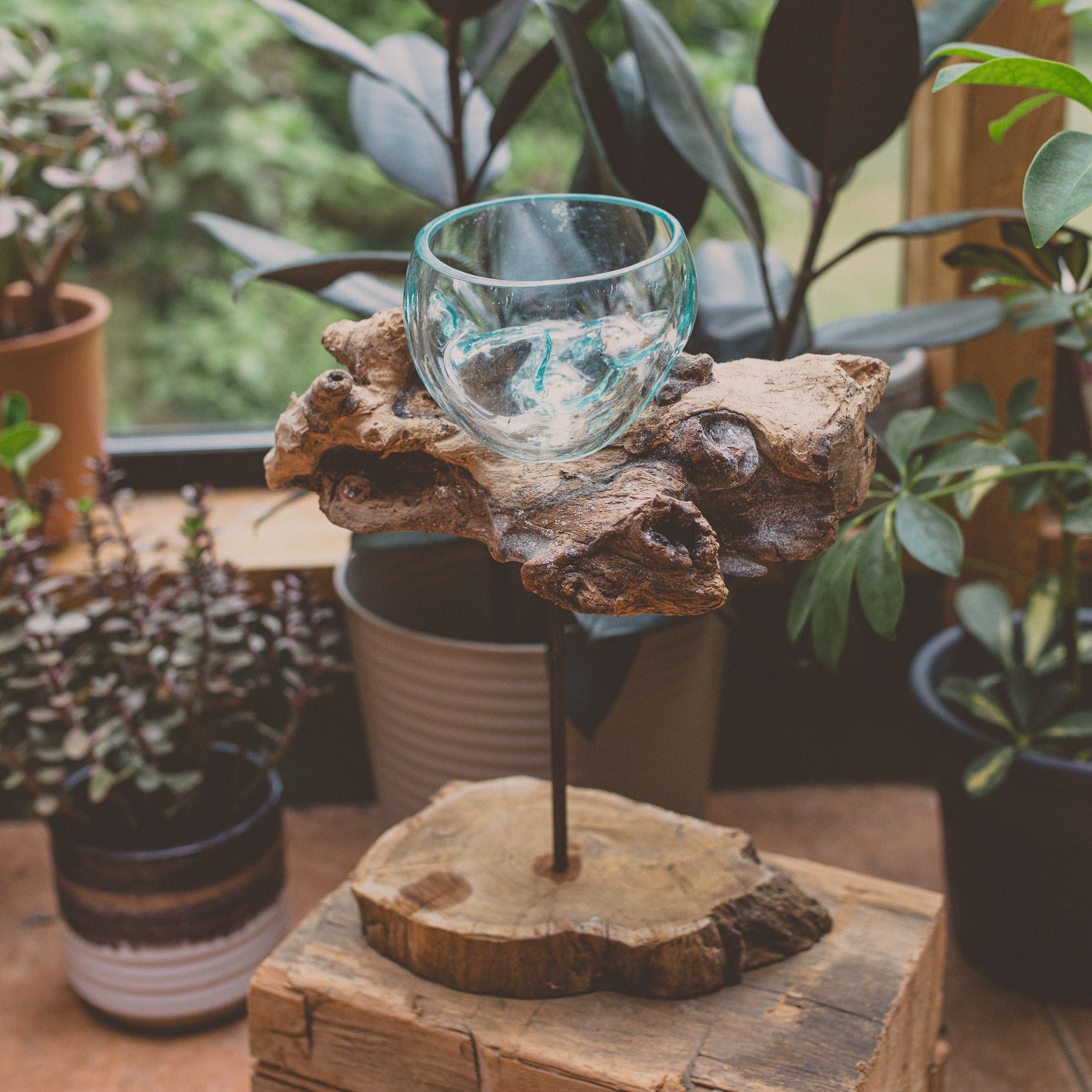 Globe en verre sur bois naturel avec support en fer