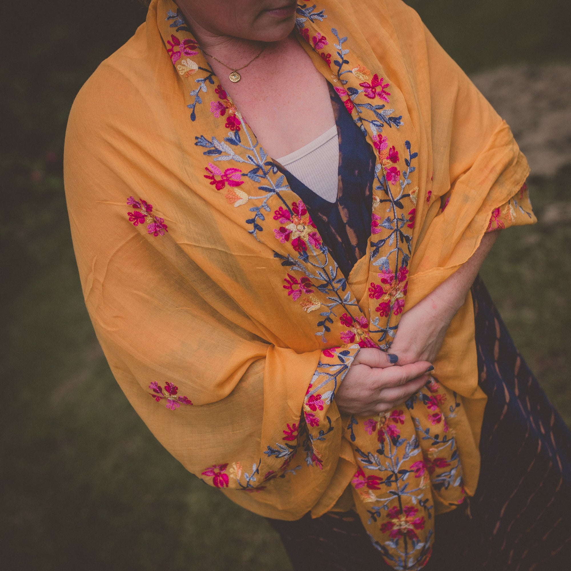 Embroidered Scarf - Yellow Floral