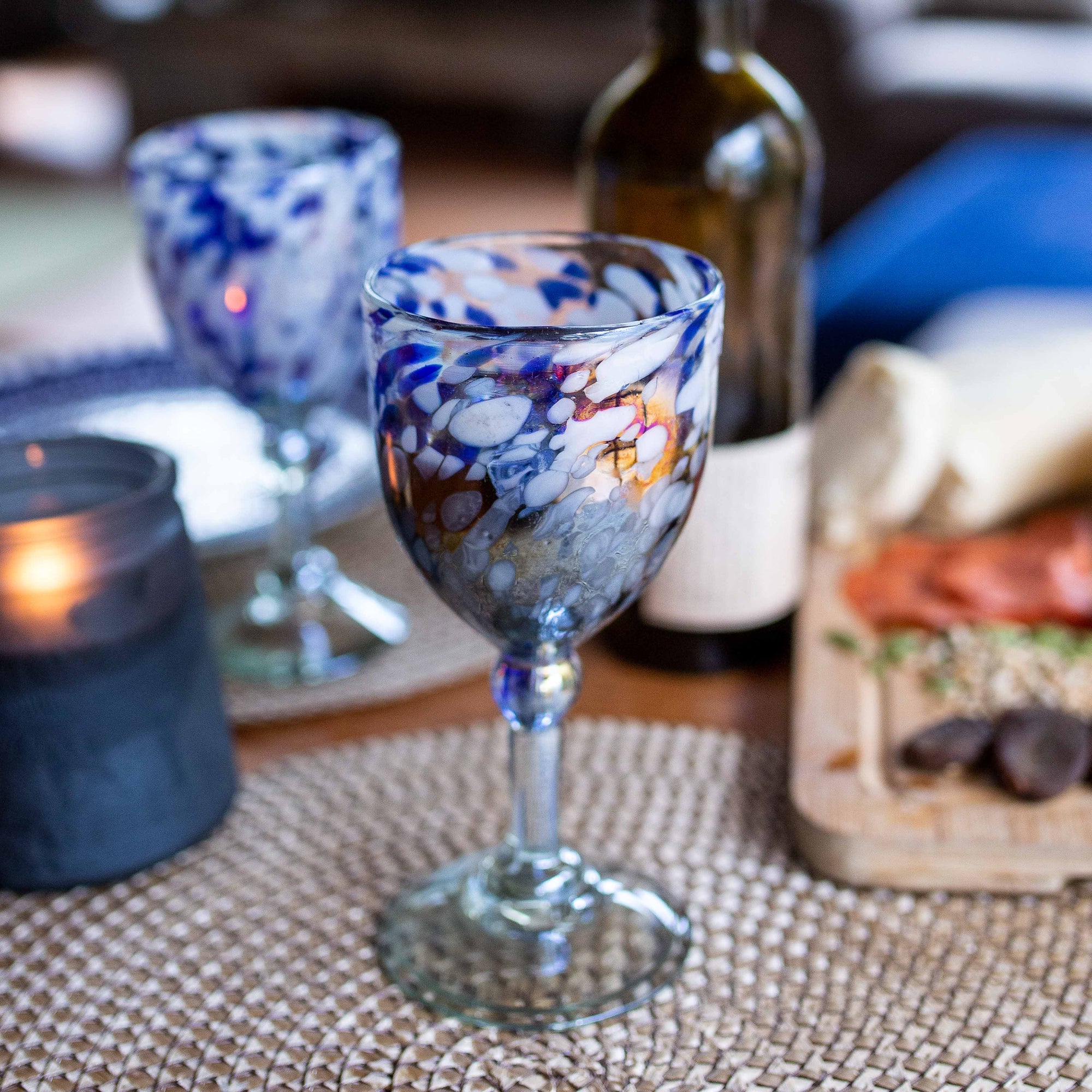 Mexican Wine Glass - Blue White Dot Lustre - 7"