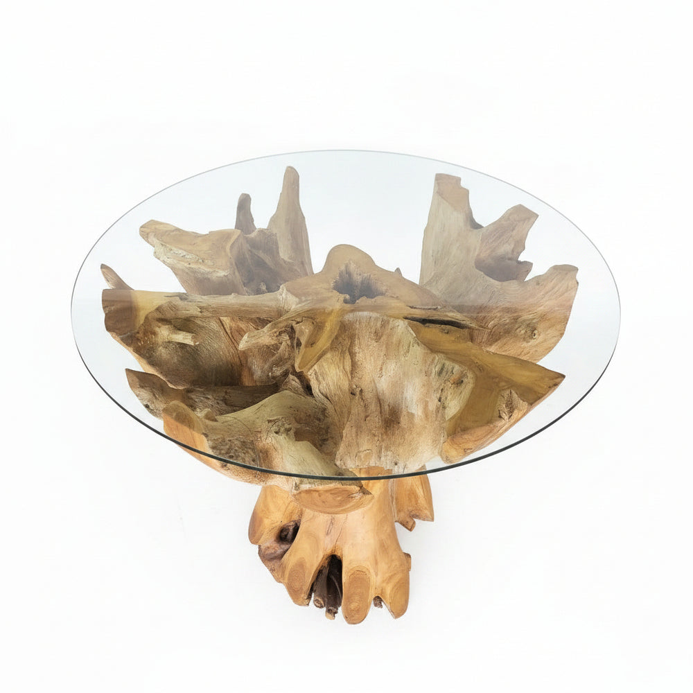 Indonesian Glass Top Teak Root Bar Table
