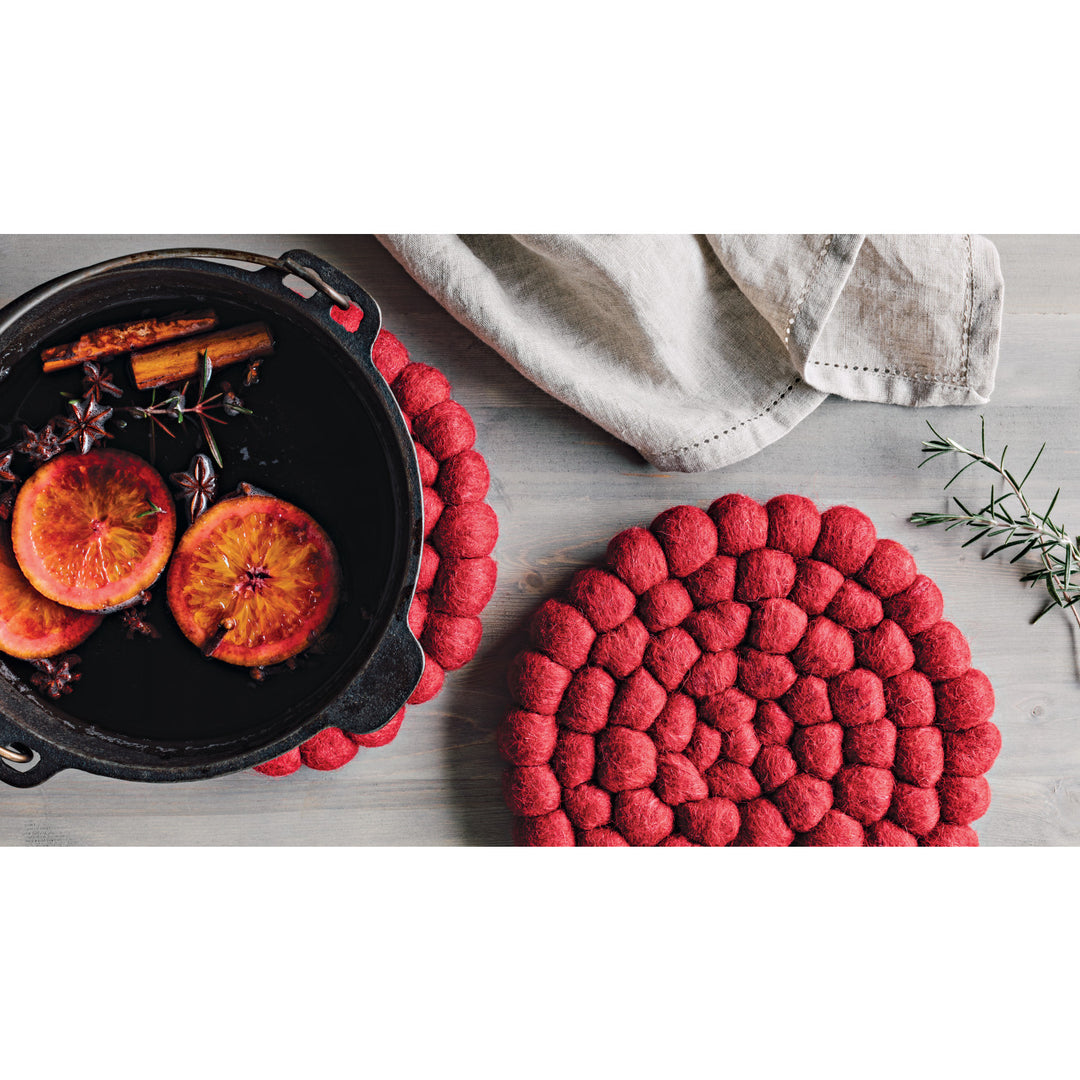 Chili Red Wool Felt Ball Trivet