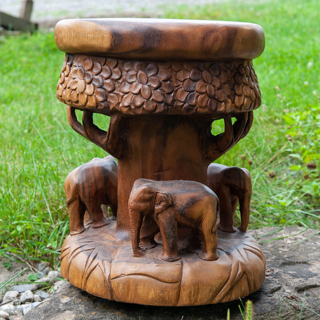 Walking Elephants Carved Stool