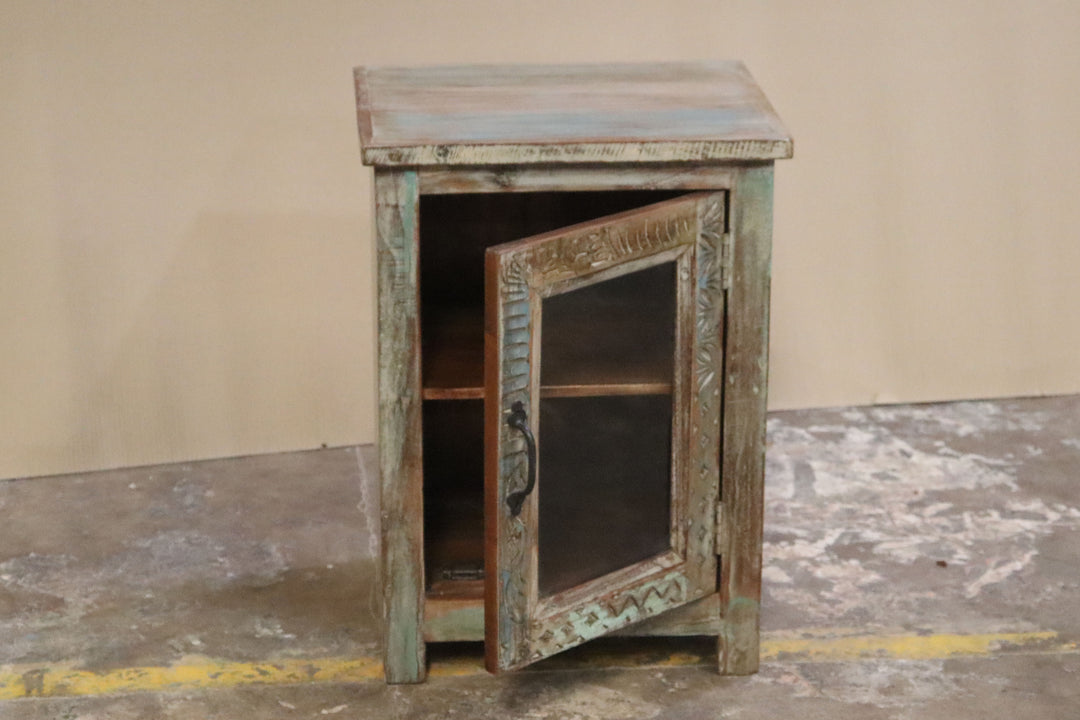 Cabinet with Reclaimed Carved Mango Wood and Teak Doors and Glass