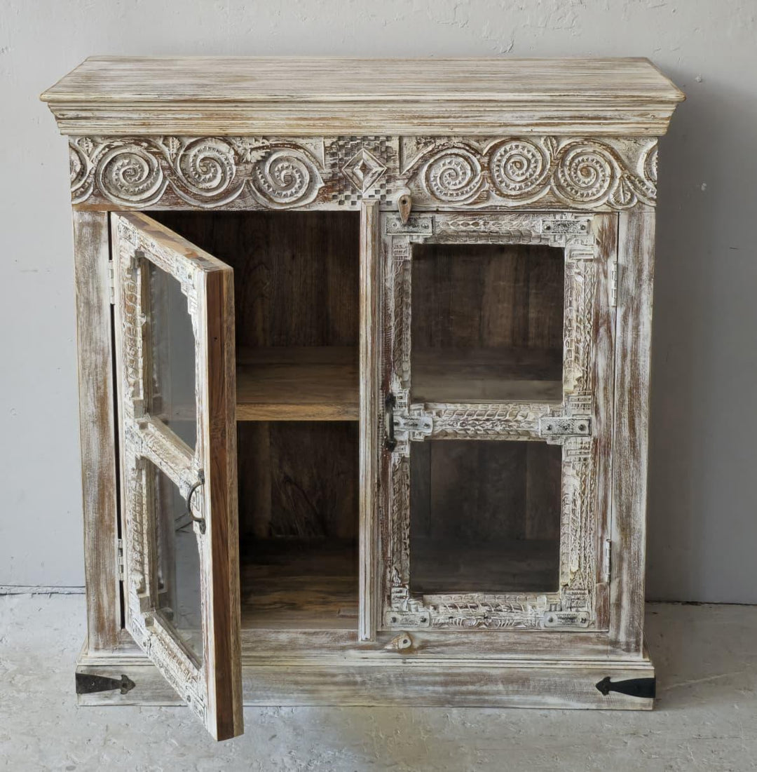 Cabinet with Reclaimed Carved Mango Wood and Teak Doors and Glass