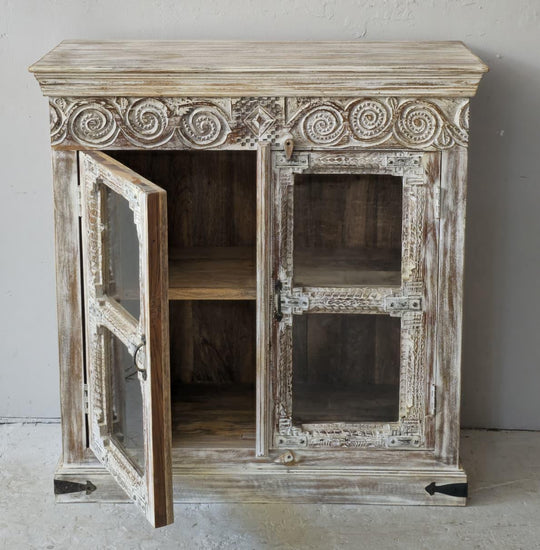 Cabinet with Reclaimed Carved Mango Wood and Teak Doors and Glass