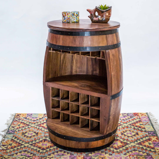 Teak Barrel Bottle Holder with Shelf