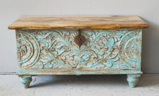 Ornate Carved Mango Wood Chest Table with Feet