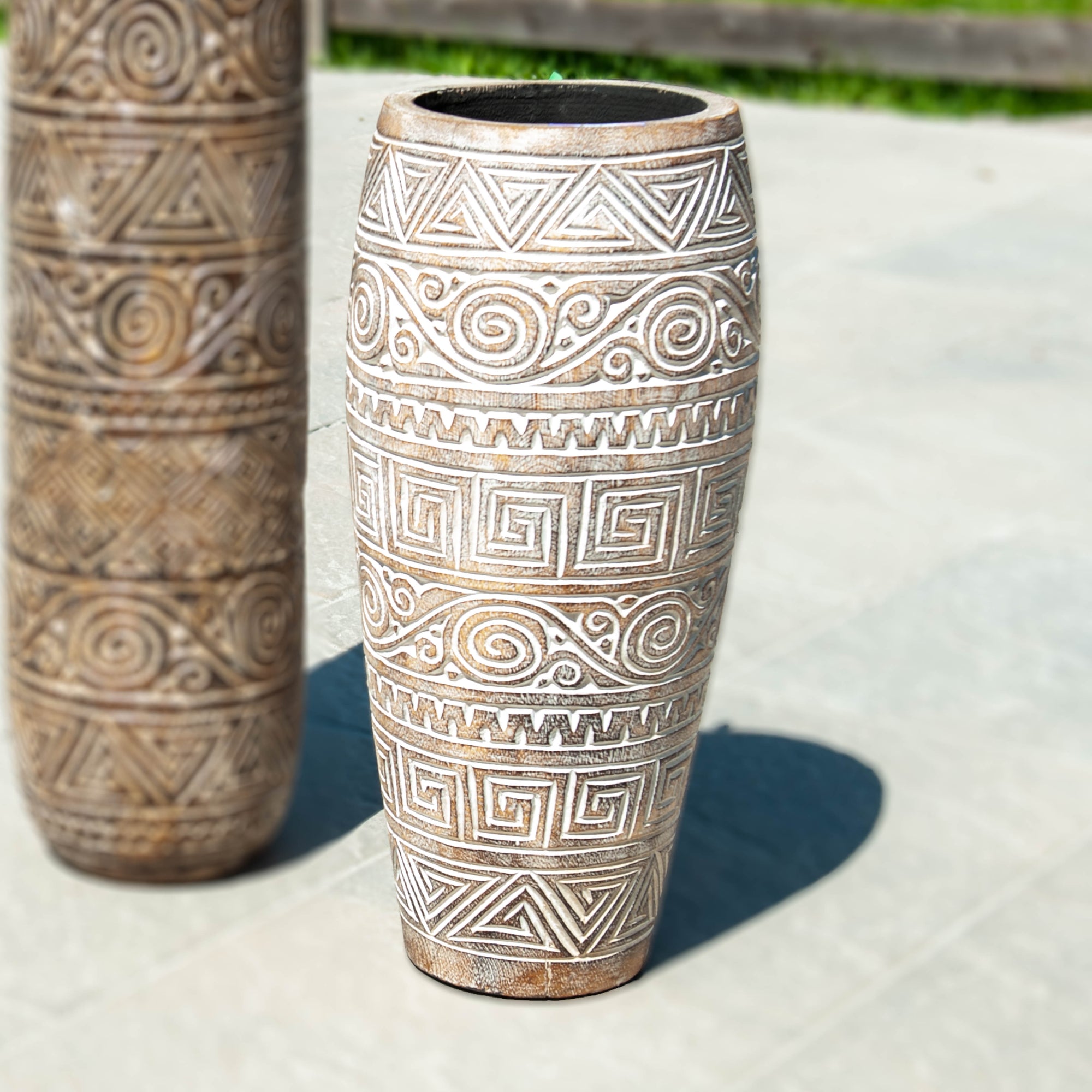 Balinese Suar Wood Carved Vase - White Wash