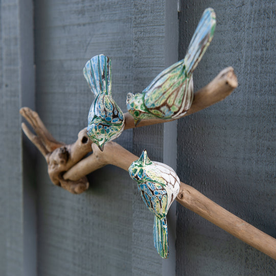 Three Green Birds on Driftwood