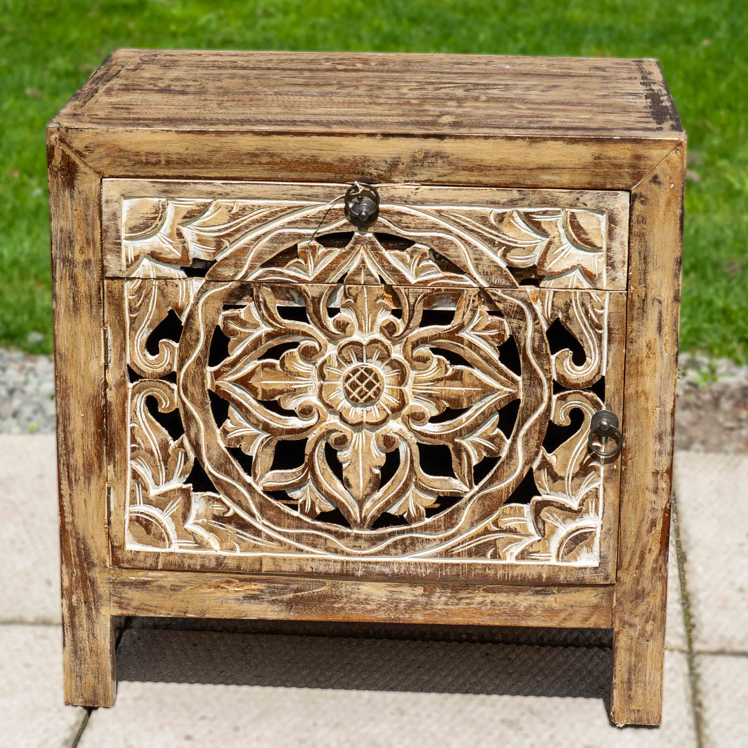 Semi-Open Floral Carved 1-Drawer 1-Door Teak Side Table