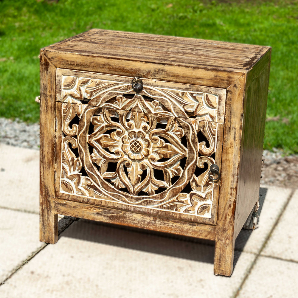 Semi-Open Floral Carved 1-Drawer 1-Door Teak Side Table