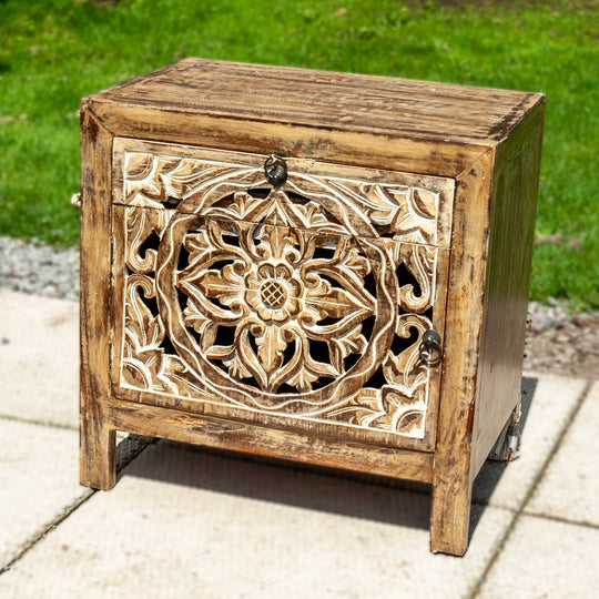 Semi-Open Floral Carved 1-Drawer 1-Door Teak Side Table