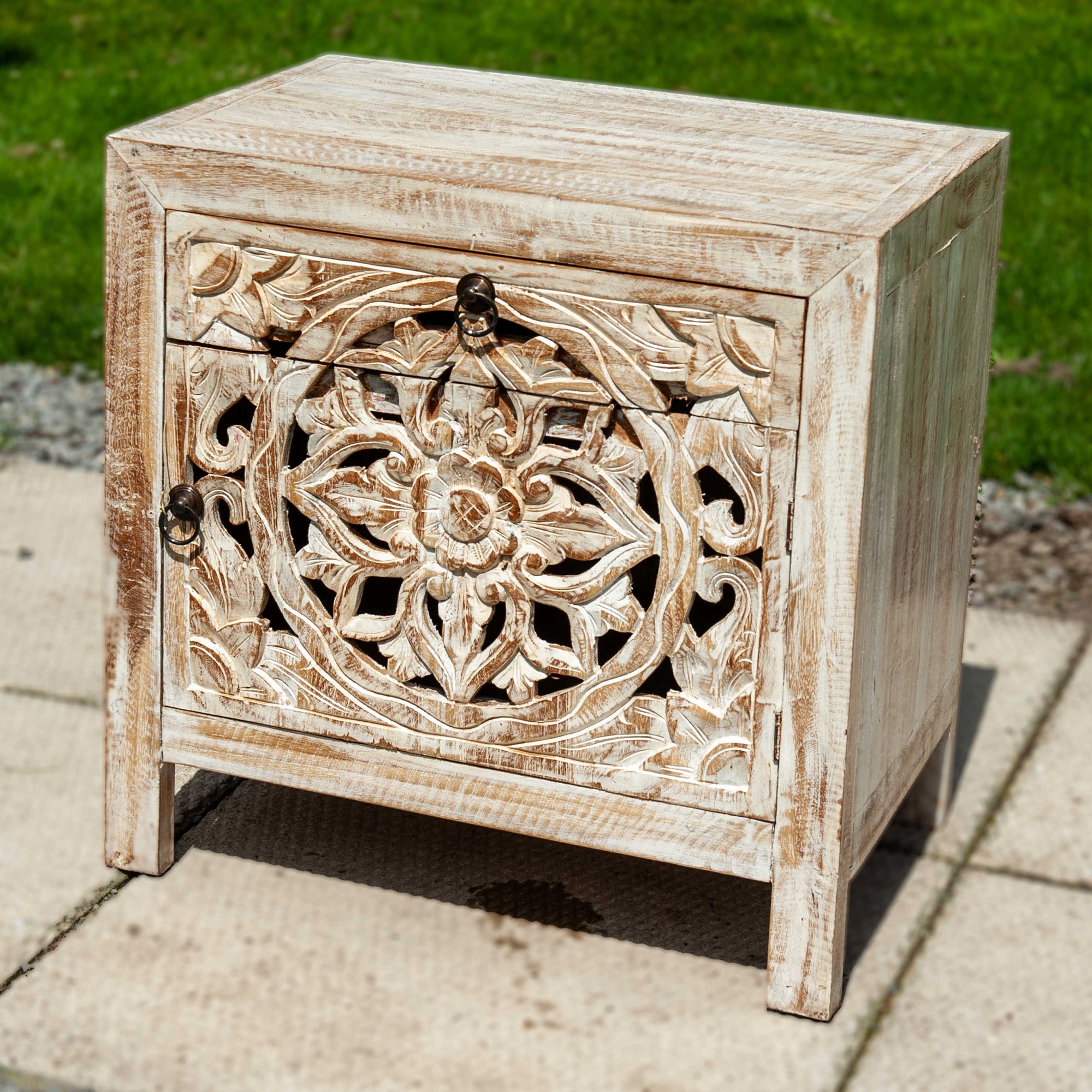 Ornate Carved Bedside Table Cabinet - White Wash
