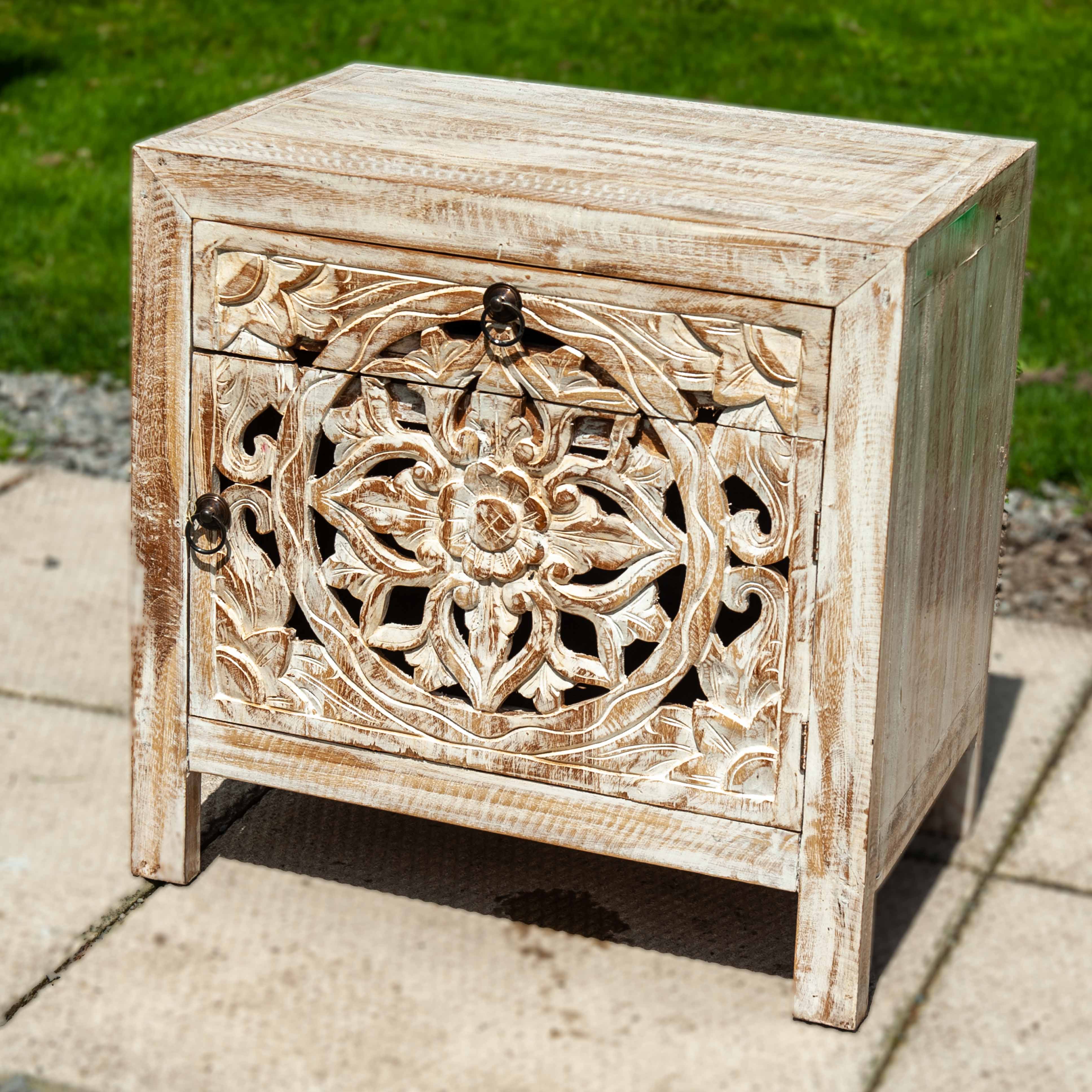 Ornate Carved Bedside Table Cabinet - White Wash – One World Bazaar
