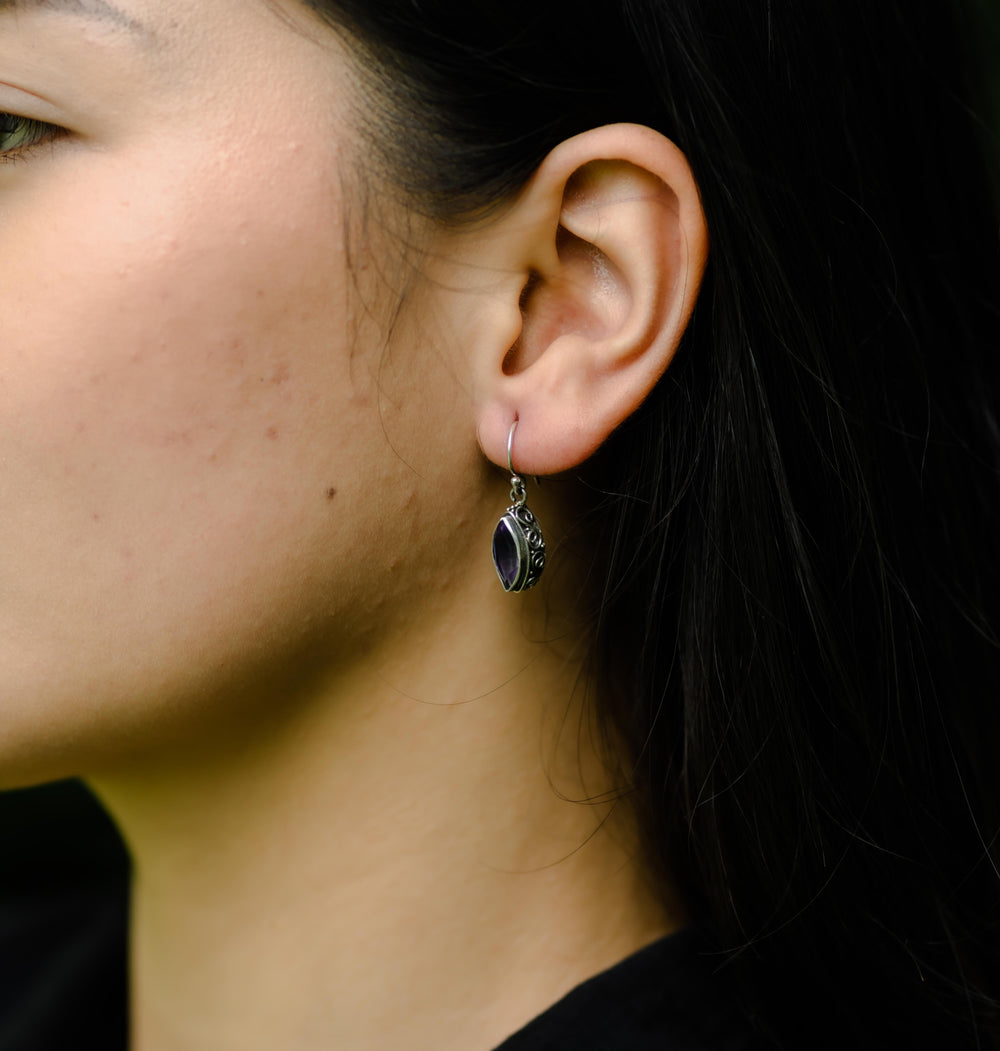 Ornate Almond Amethyst Dangle Earrings