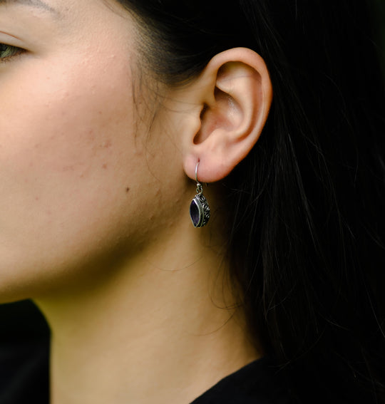 Ornate Almond Amethyst Dangle Earrings