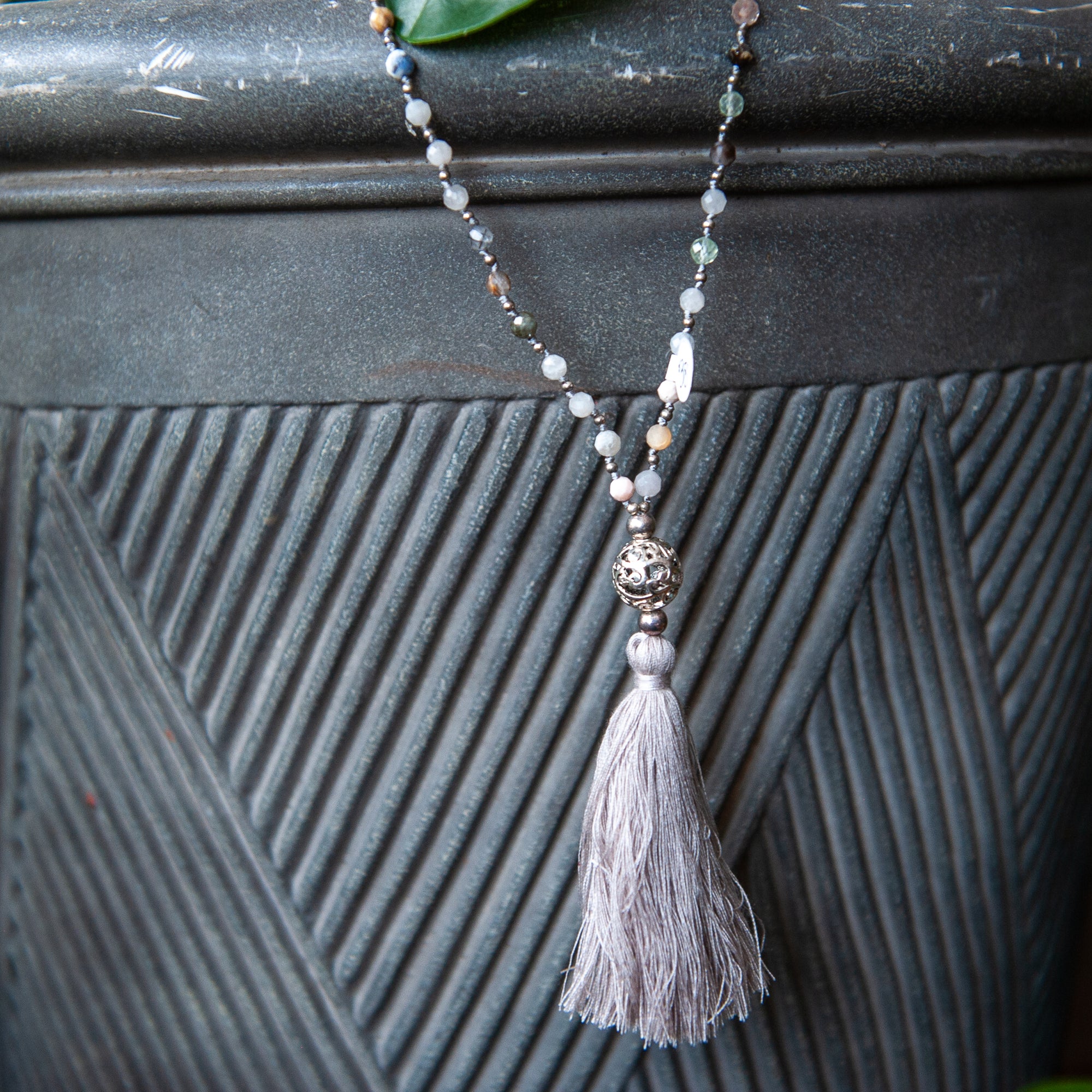 Bali Mala Bead Necklace w/Tassel (8mm)- Amazonite