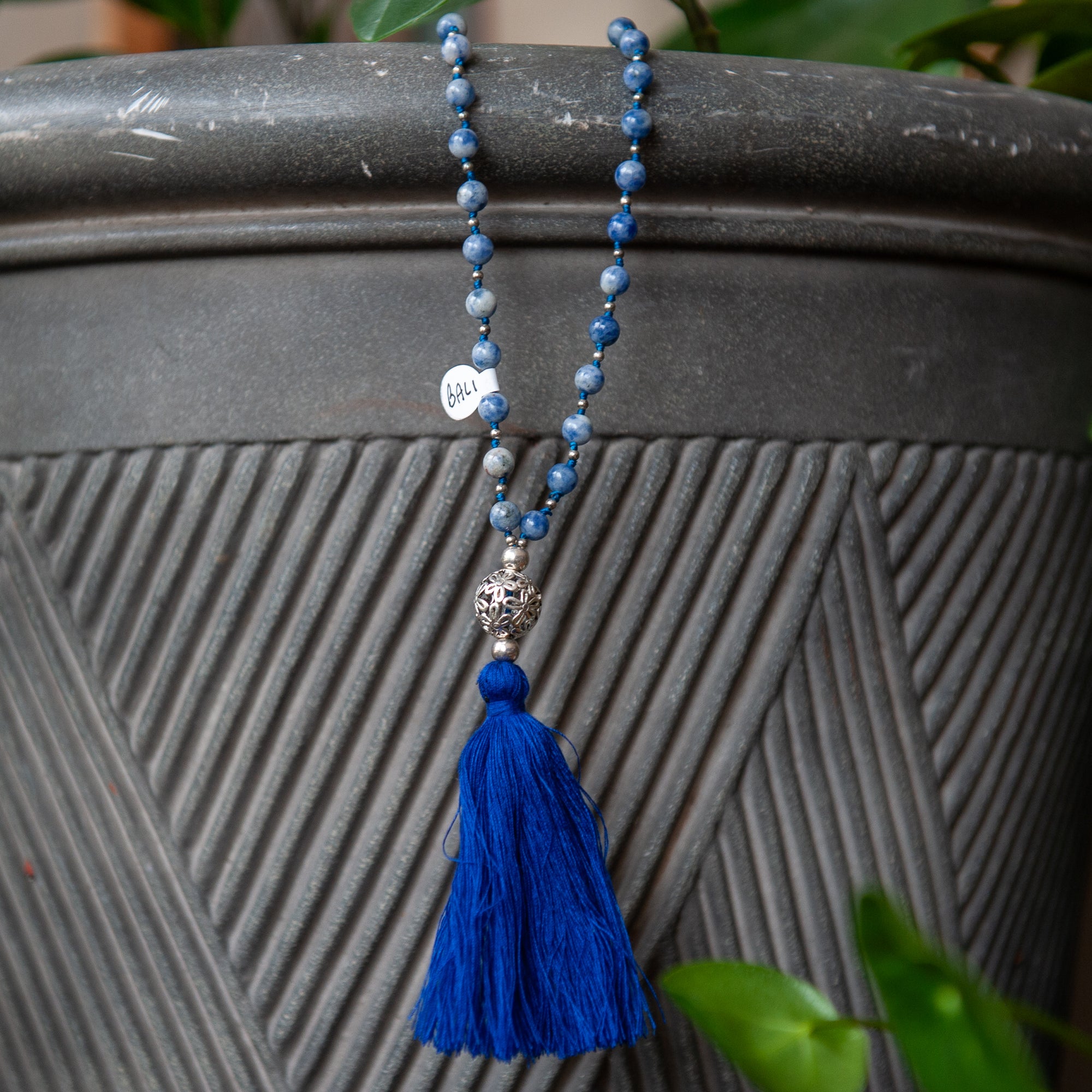 Bali Mala Bead Necklace w/Tassel (8mm)- Sodalite
