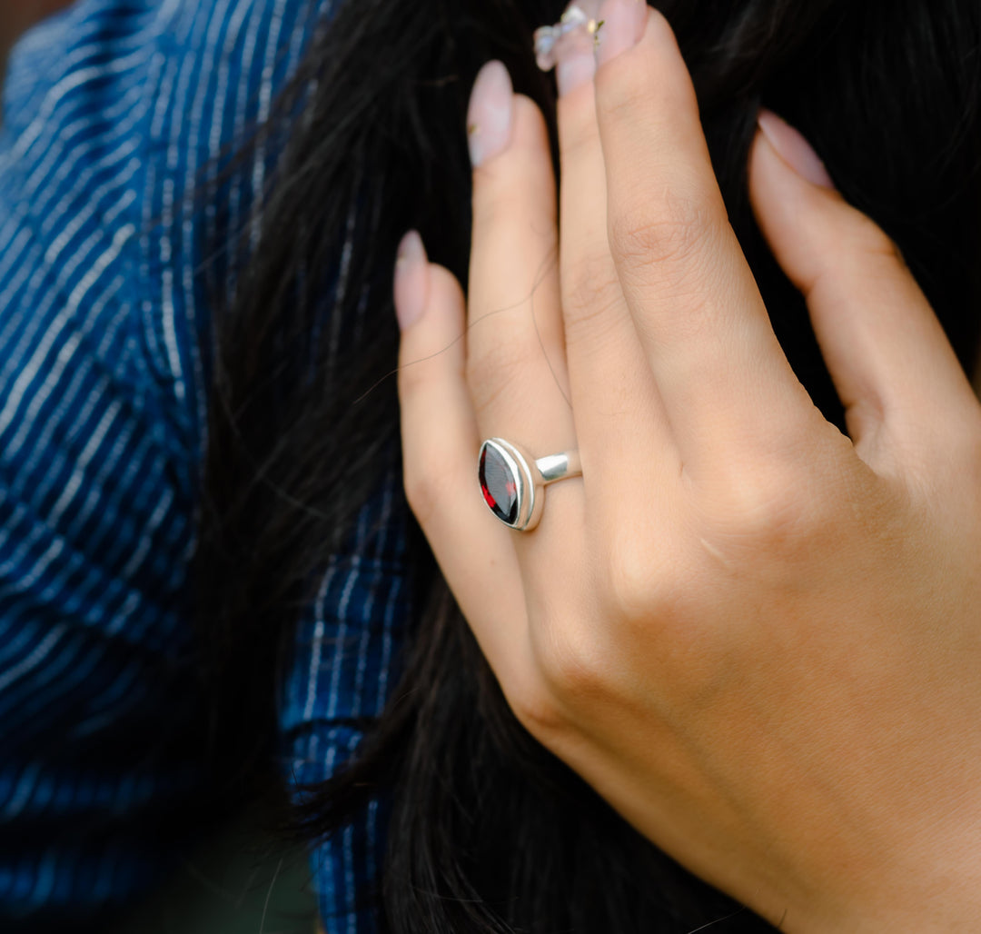 Almond-Shaped Garnet Silver Ring