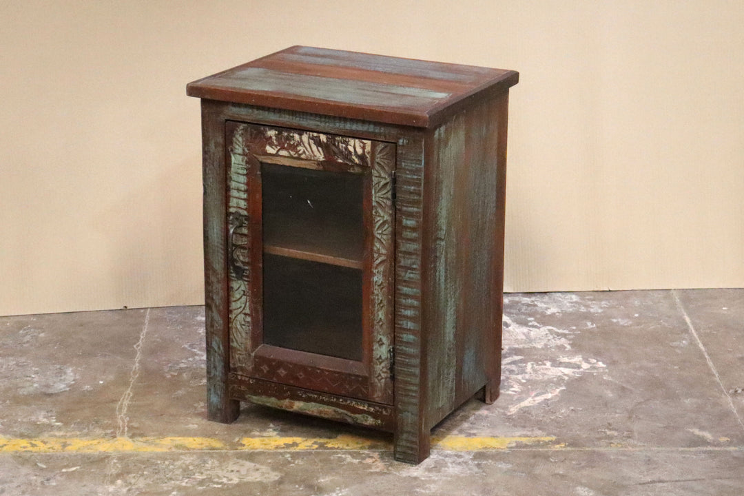 Cabinet with Reclaimed Carved Mango Wood and Teak Doors and Glass