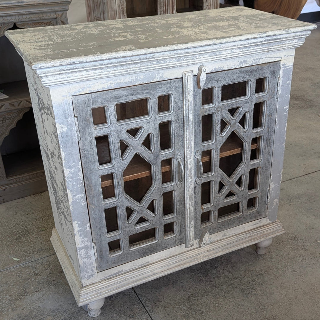 Geometric Peek-Through Glass Mango Wood Cabinet with Feet