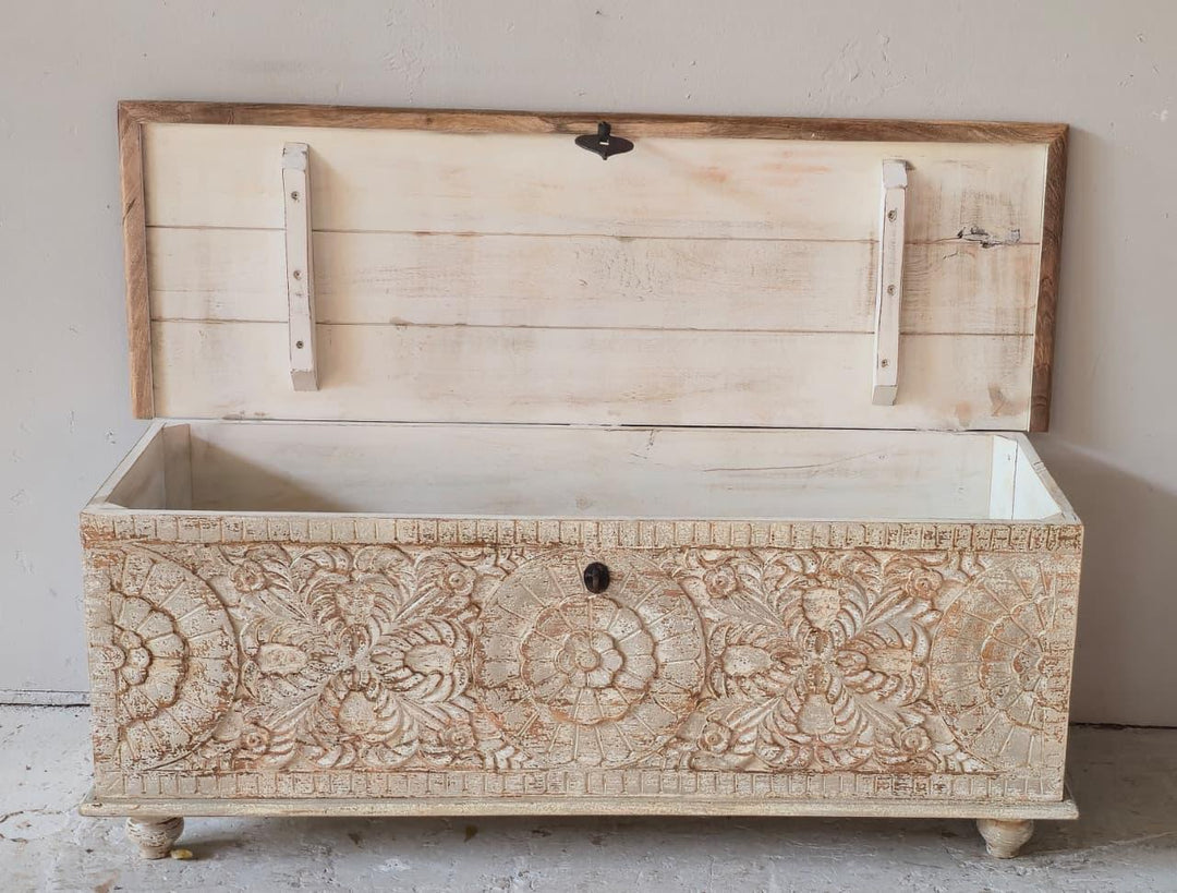 Ornate Carved Mango Wood Chest Table with Feet