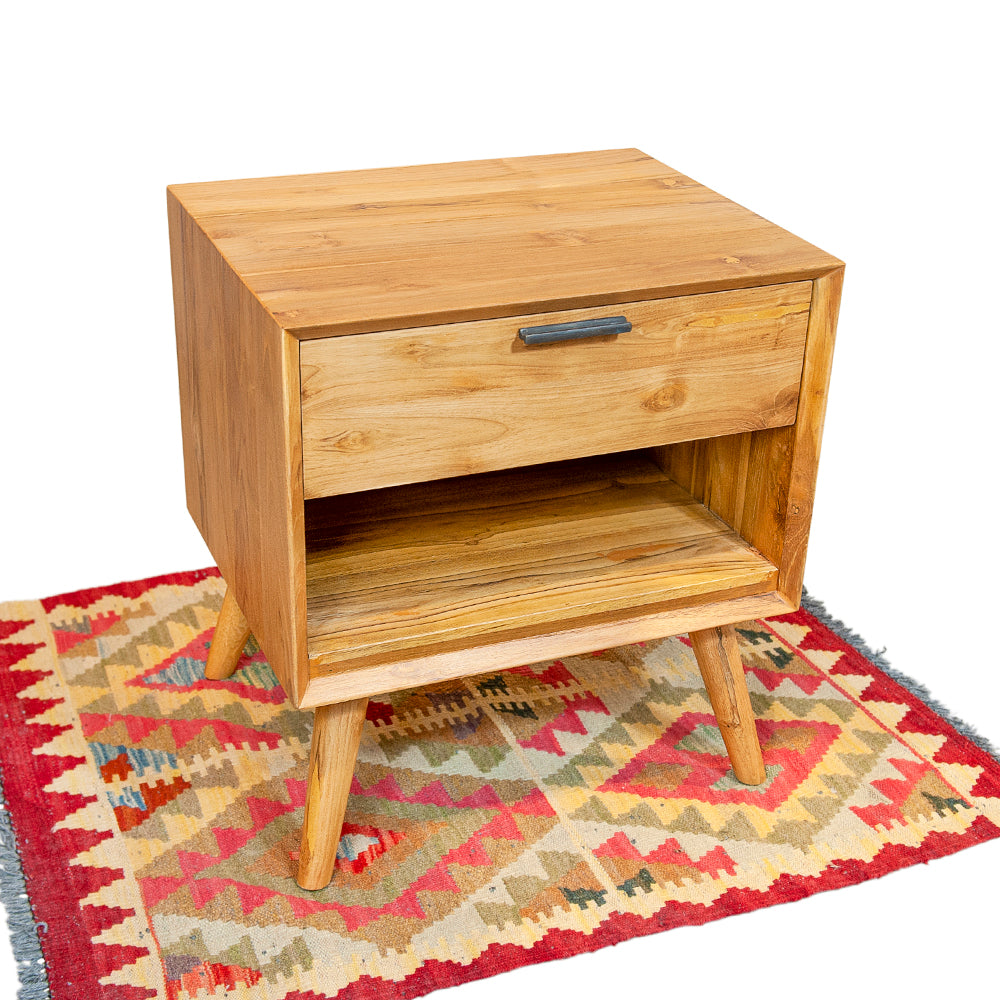 Java Teak Nightstand with Drawer & Open Shelf