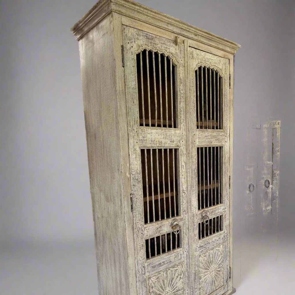 Vintage-style wooden cabinet with intricate carvings 