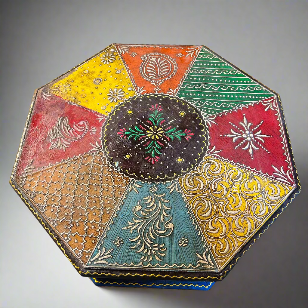 Decorative octagonal table with colorful patterns 