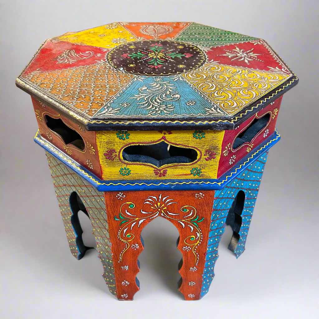 Colorful hexagonal stool with intricate designs