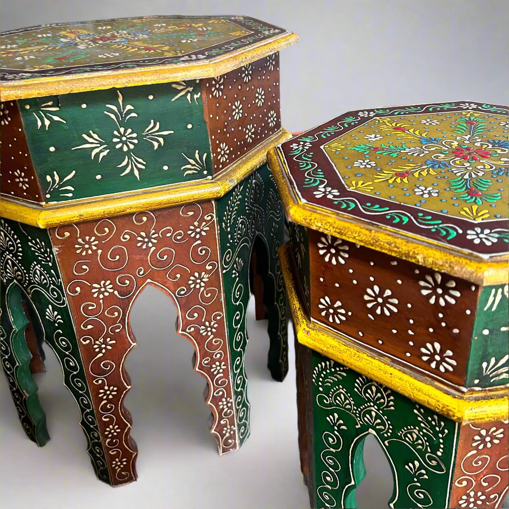 Decorative hexagonal tables with intricate patterns 