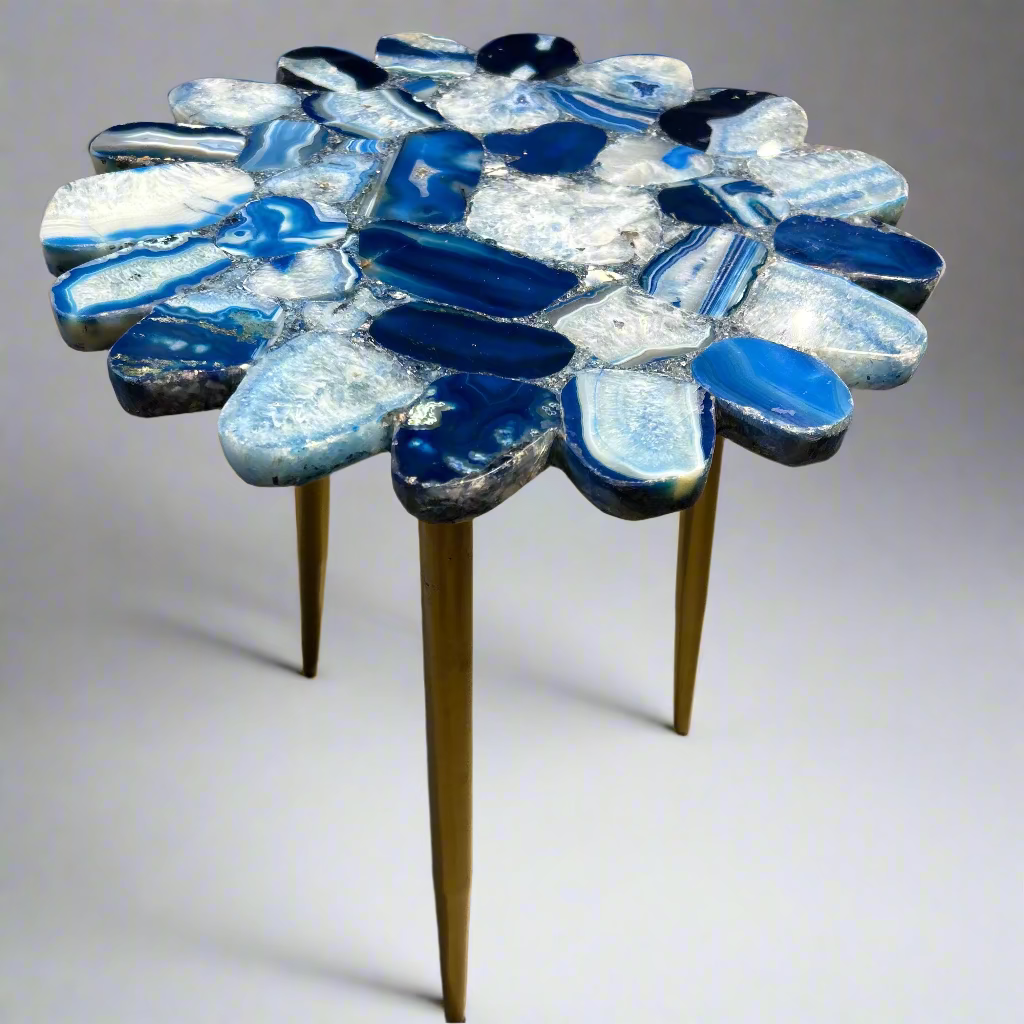 Small round table with blue and white mosaic top 